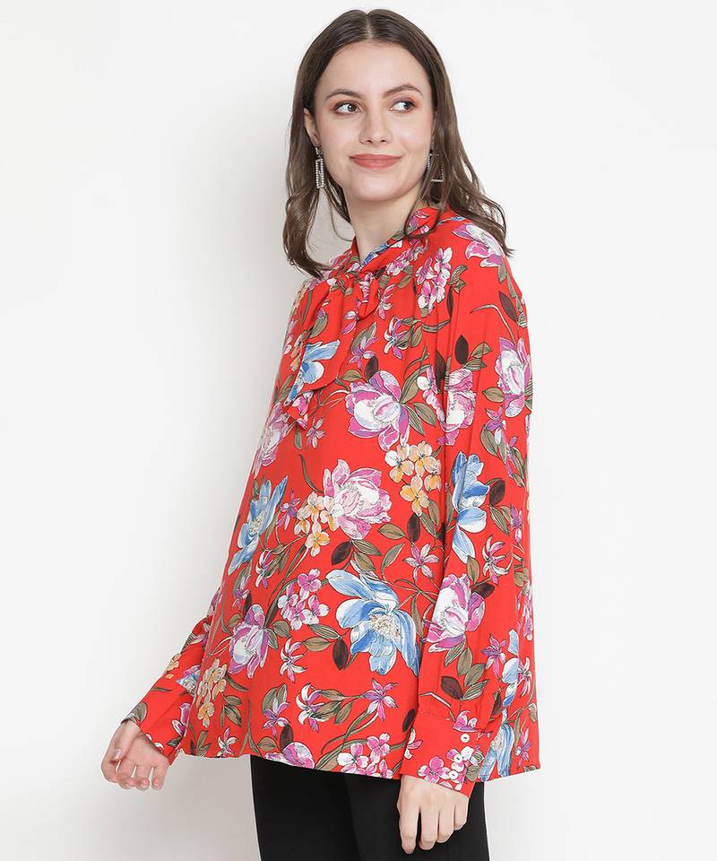 Sassy red floral motif women oversized top