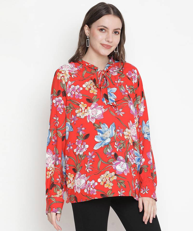 Sassy red floral motif women oversized top