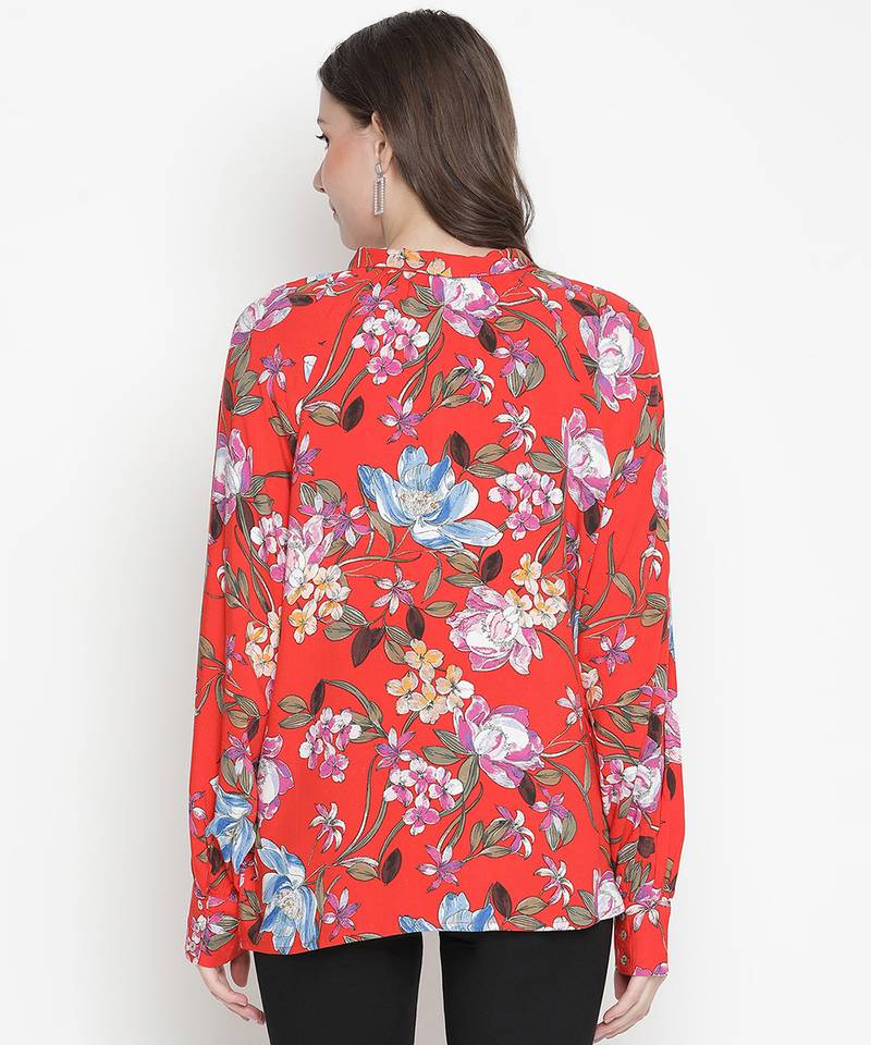 Sassy red floral motif women oversized top