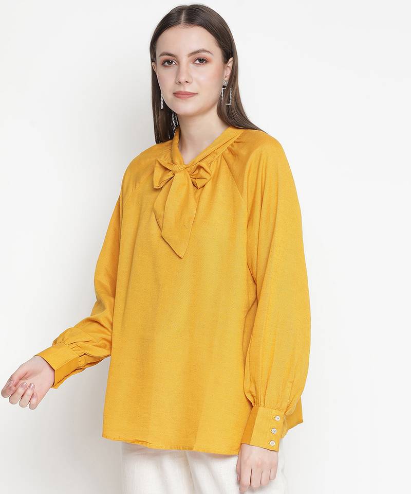 Basked in sun solid Linen tie-knot women top