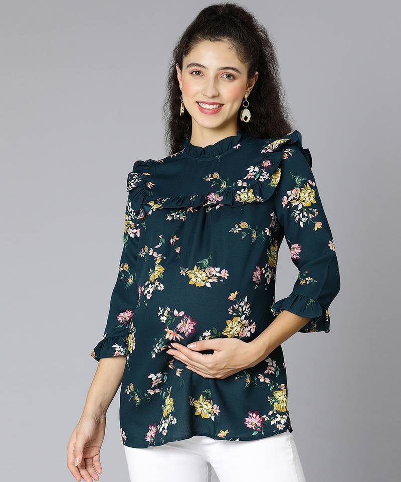 Rafted green floral print  women top