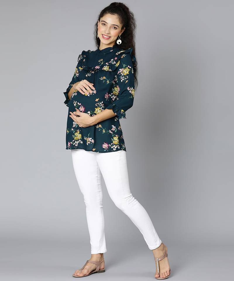 Rafted green floral print  women top