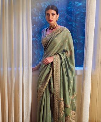Green Organza Saree With Blouse 1