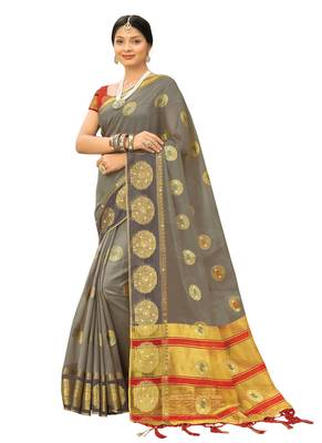 Grey Woven Organza Saree With Blouse 1