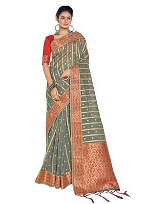Grey Woven Organza Saree With Blouse 1