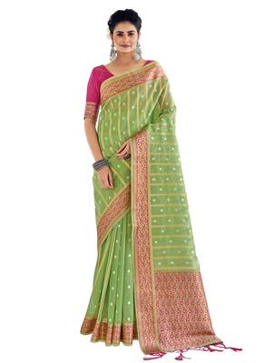 Light Green Woven Organza Saree With Blouse 1