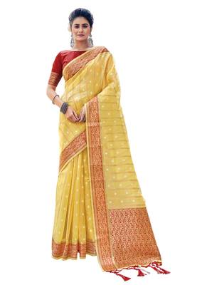 Yellow Woven Organza Saree With Blouse 1