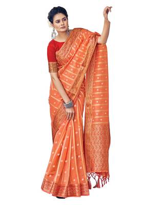 Orange woven organza saree with blouse 1