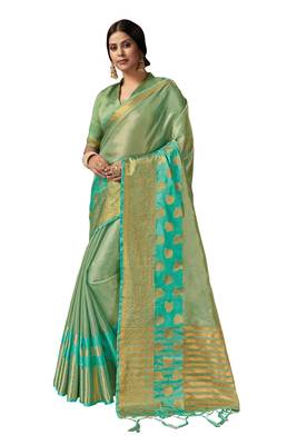 Sea green embroidered organza saree with blouse 1