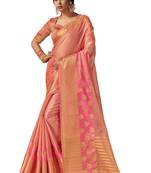 Pink embroidered organza saree with blouse