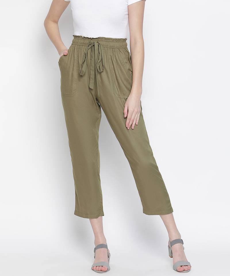 Leafed out solid green elasticated women pant