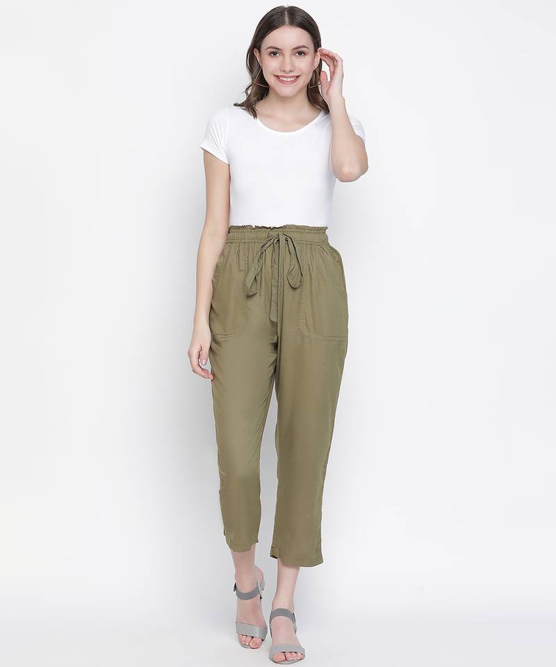 Leafed out solid green elasticated women pant
