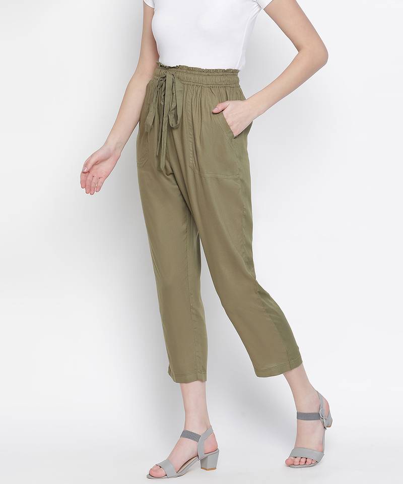 Leafed out solid green elasticated women pant