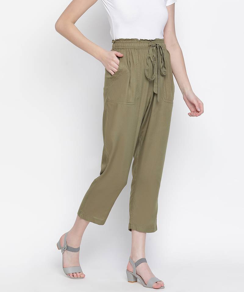 Leafed out solid green elasticated women pant