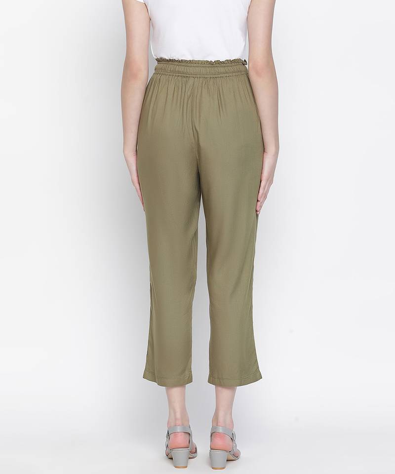 Leafed out solid green elasticated women pant