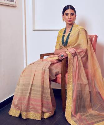 Beige Multicolour Chanderi Saree With Blouse 1