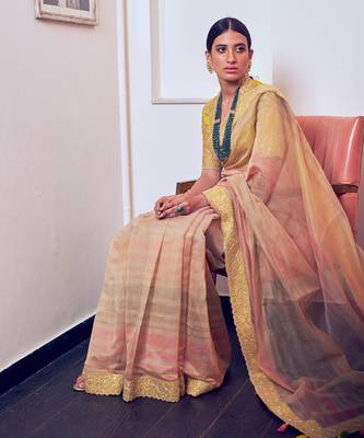Beige Multicolour Chanderi Saree With Blouse 2