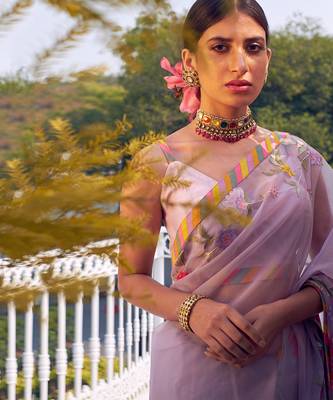 Grey Multicolour Organza Saree With Blouse 2
