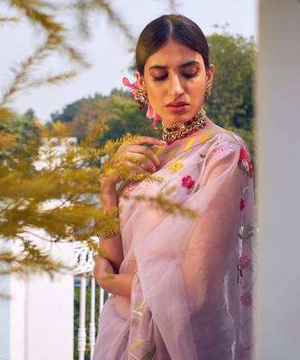 Grey Multicolour Organza Saree With Blouse 3