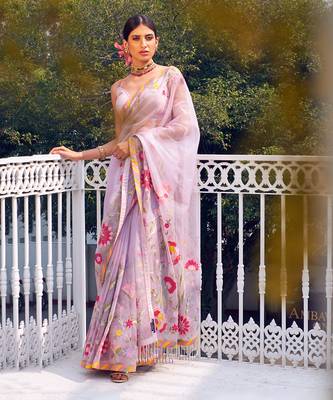 Grey Multicolour Organza Saree With Blouse 1