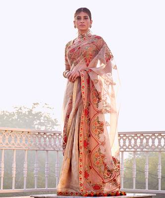Beige Organza Saree With Blouse 1