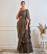 Dark Olive Ruffle Saree With Blouse