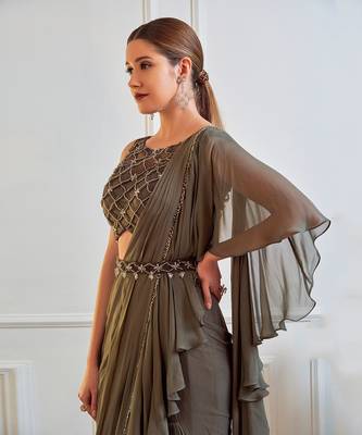 Dark Olive Ruffle Saree With Blouse 2