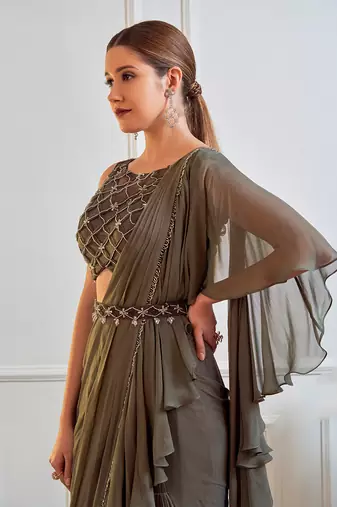 Dark Olive Ruffle Saree With Blouse
