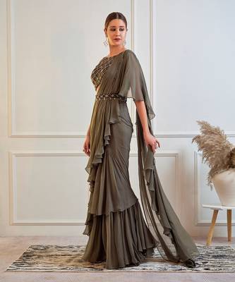 Dark Olive Ruffle Saree With Blouse 3