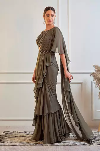 Dark Olive Ruffle Saree With Blouse