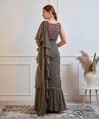 Dark Olive Ruffle Saree With Blouse 4