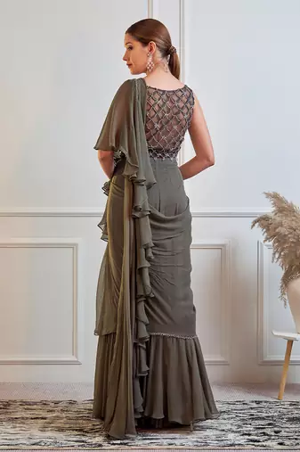Dark Olive Ruffle Saree With Blouse