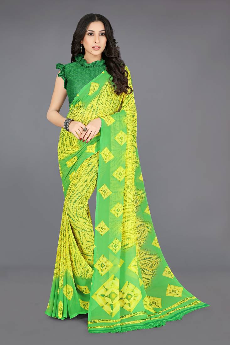 Yellow printed faux georgette saree with blouse