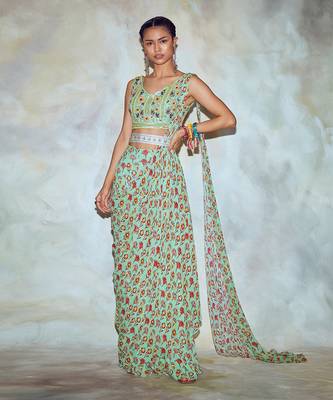 Mint Green Floral Saree Set 1