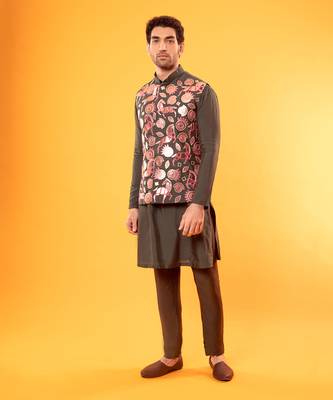 Olive Green Acrylic Horse Embroidered Kurta & Bandi 1