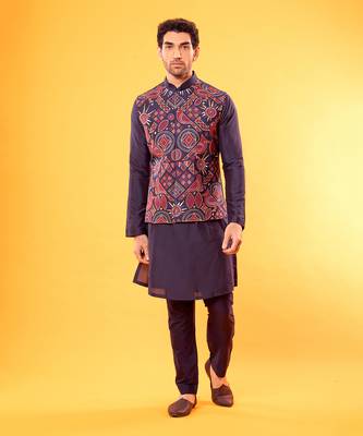 Navy Blue Multi Color Embroidered Kurta & Bandi 1