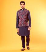 Navy Blue Multi Color Embroidered Kurta & Bandi
