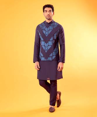 Navy Blue Thread Embroidered Kurta & Bandi 1