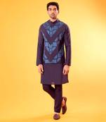 Navy Blue Thread Embroidered Kurta & Bandi