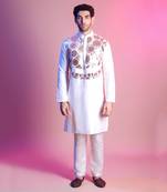 White Acrylic Geometric Rose Gold Yoke Embroidered Kurta