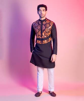 Black With Leather Geometric Yoke Embroidererd Kurta 1