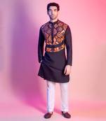 Black With Leather Geometric Yoke Embroidererd Kurta
