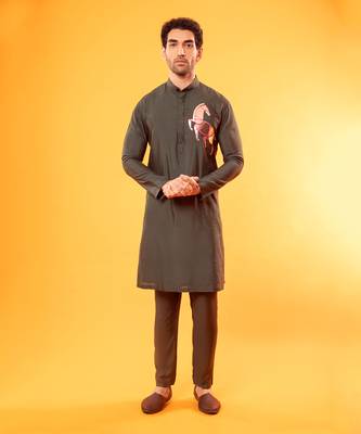 Olive Green Acrylic Horse Embroidered Kurta 1