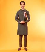 Olive Green Acrylic Horse Embroidered Kurta