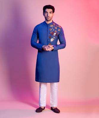 Indigo Blue Acrylic Gold Lion Embroidery Kurta 1