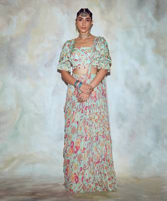 Mint Green Floral Skirt Saree 1