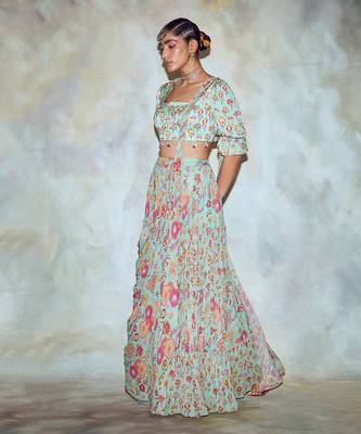 Mint Green Floral Skirt Saree 2