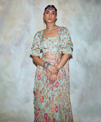 Mint Green Floral Skirt Saree 3