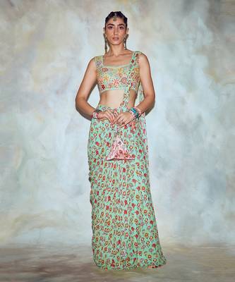 Mint Green Mix Embroidered Saree Set 1