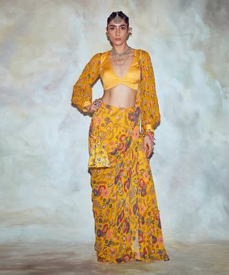 Yellow Floral Print Saree Set 1